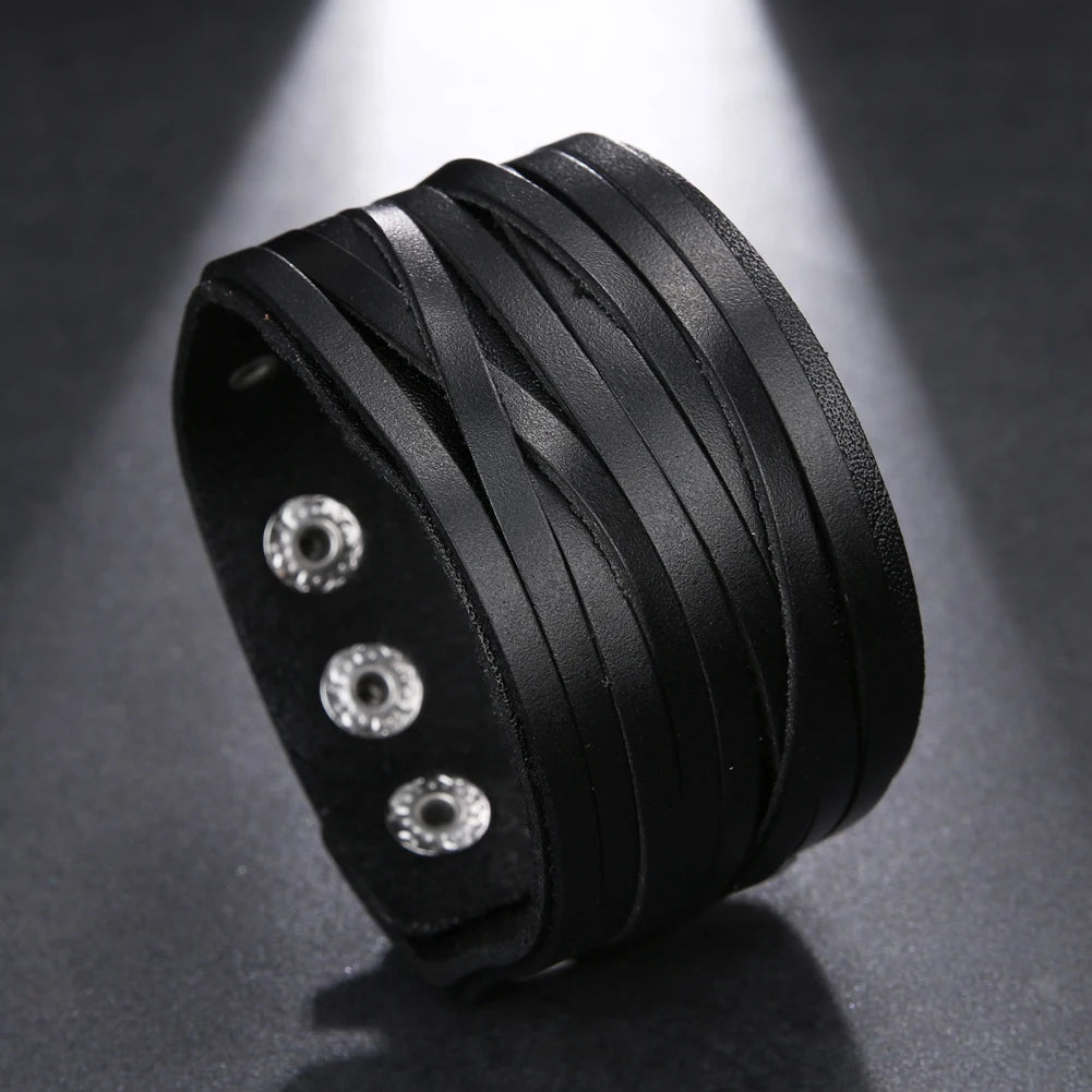Bracelet homme en cuir véritable noir style vintage